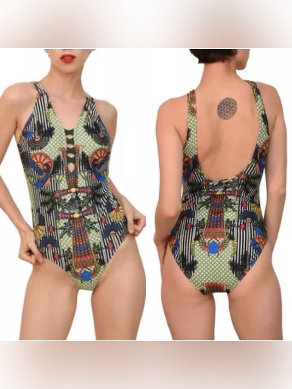 Nicole Miller Lattice Front Egyptian Print One-Piece Swimsuit